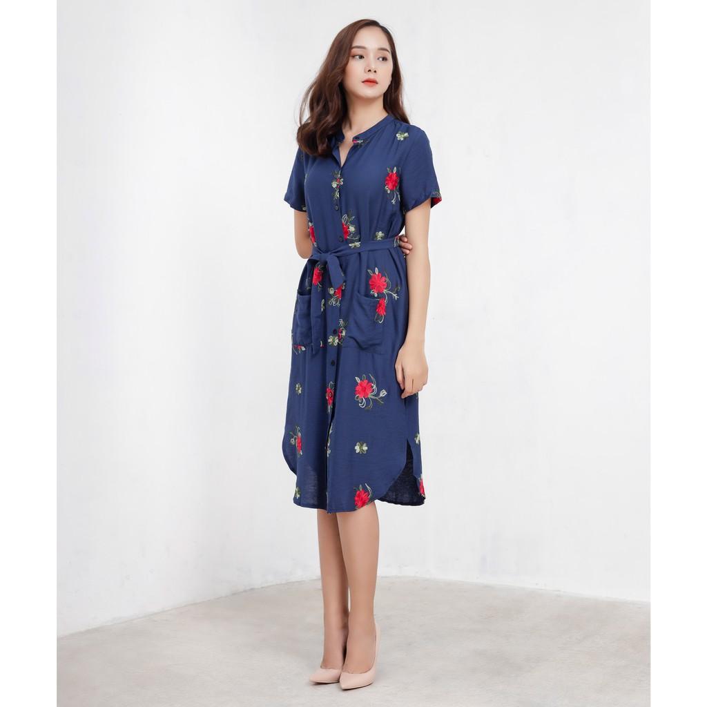 Đầm suông Midi nữ Callia Klara Blue cổ lãnh tụ tay ngắn