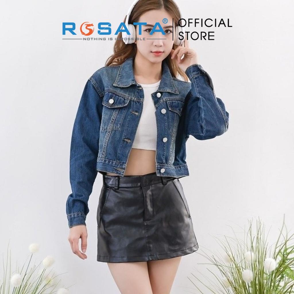 Áo khoác nữ ROSATA K32 croptop jeans túi hộp cài cúc cao cấp in chữ mặt sau tay dài thoáng khí