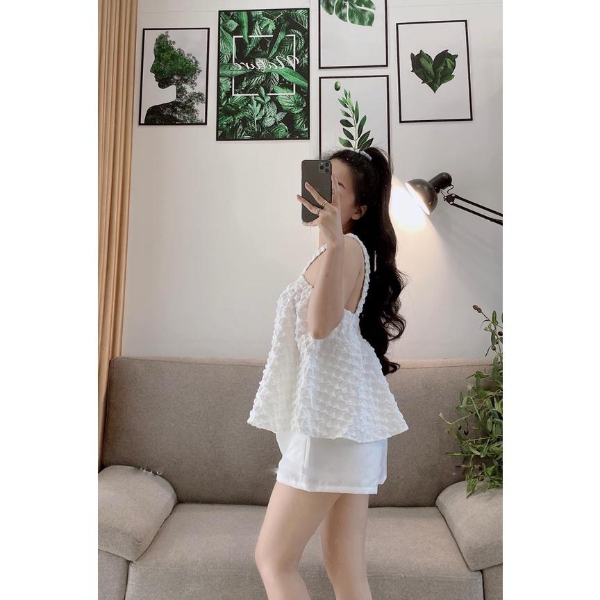 Set áo 2 dây dáng xoè chất xốp nổi phối quần short