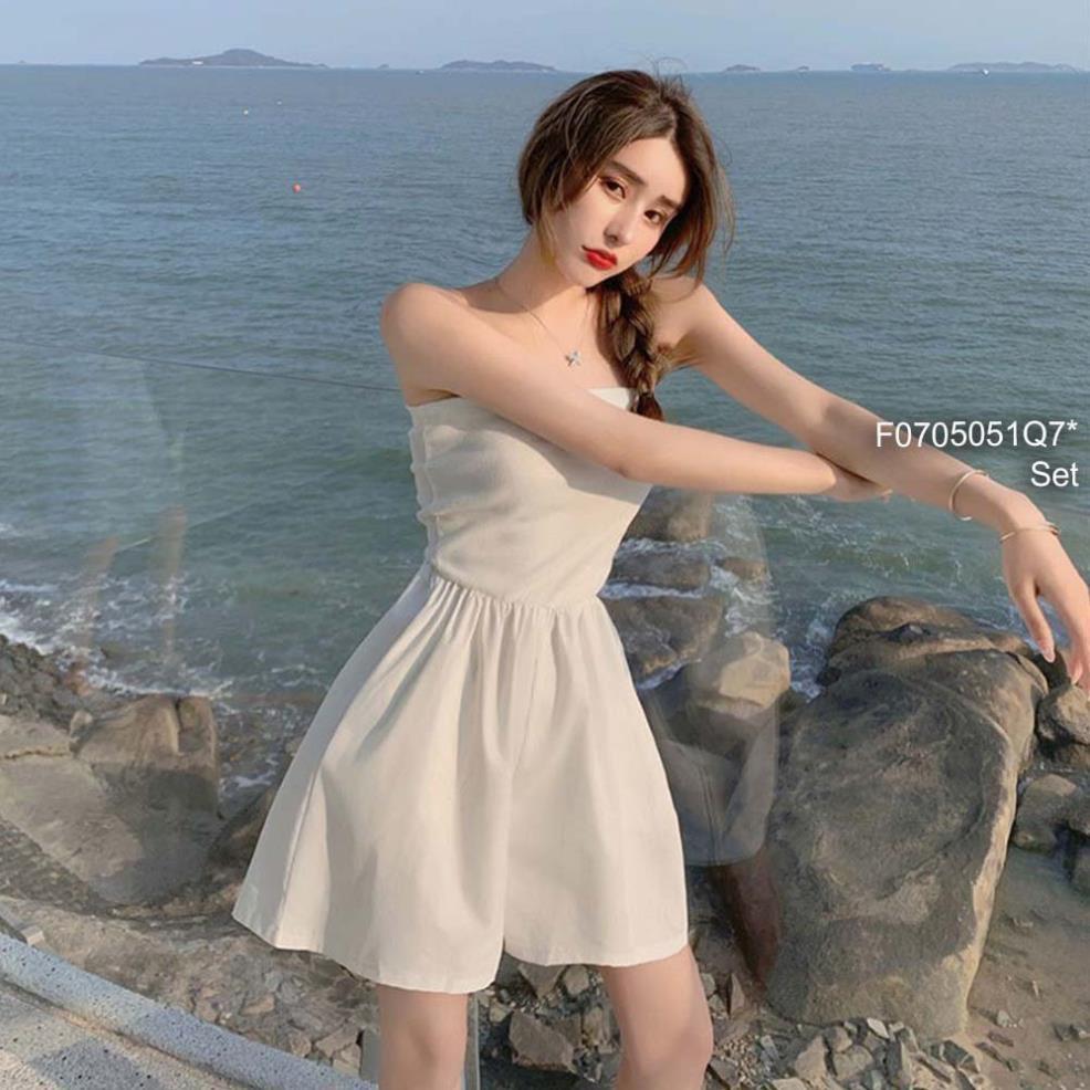 Bộ Jumpsuit Nữ Quần Cộc Áo Vest Đũi Set Trang Phục Nữ Quần Ngắn Áo Quây Kèm Áo Khoác Ngoài 2 Màu