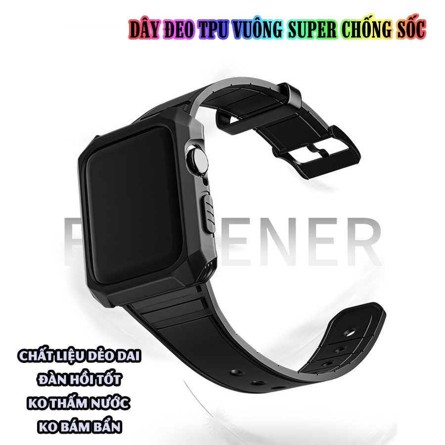 Dây Đeo liền ốp cho Apple Watch size 38/40/42/44mm TPU vuông SUPER chống sốc_Đen (tặng dán KCL theo size)