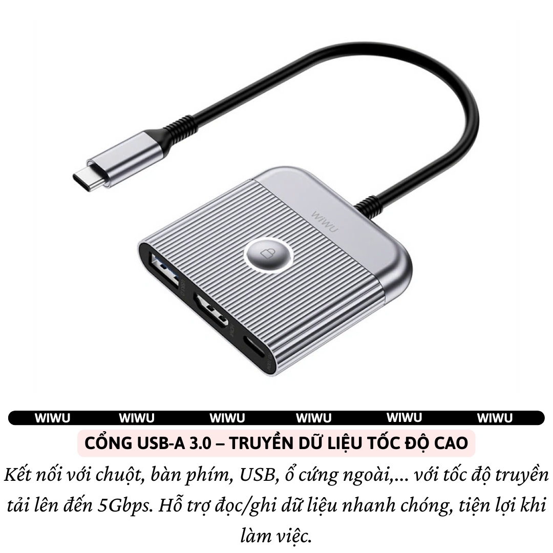 Hub chuyển đổi chia cổng Type-C 3in1 HDMI 4K@60Hz + PD 100W Type-C + USB 3.0 hiệu WIWU Travel Docking cho Macbook Laptop cho iPhone - Hợp kim nhôm, nhỏ gọn, bền bỉ, đa năng để vừa sạc vừa xuất màn hình và truyền dữ liệu nhanh chóng - Hàng nhập khẩu