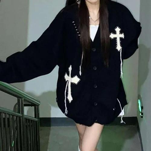 Áo cardigan len Nam Nữ Dệt Kim Thêu Chữ Thập, Áo Khoác Mùa Đông Unisex