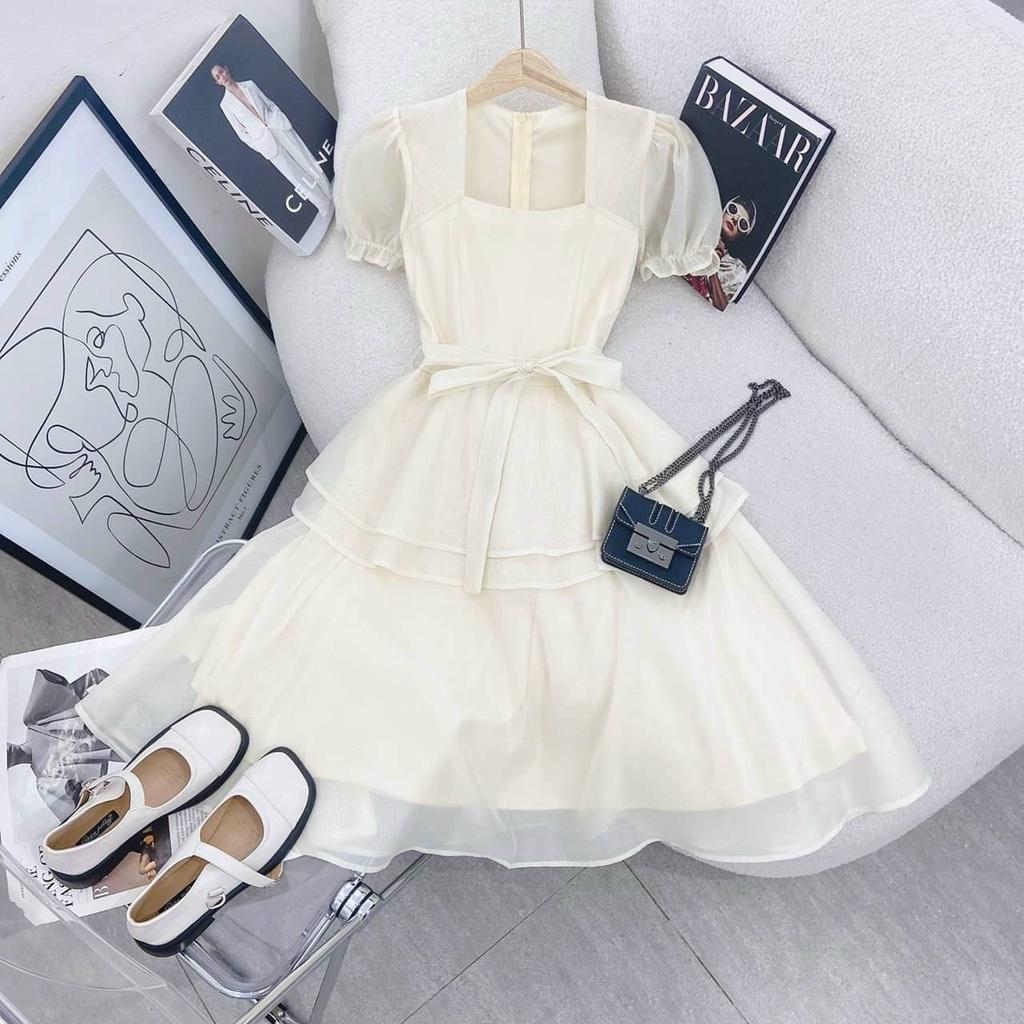 Đầm xòe tiểu thư tay phồng xếp tầng siêu xinh