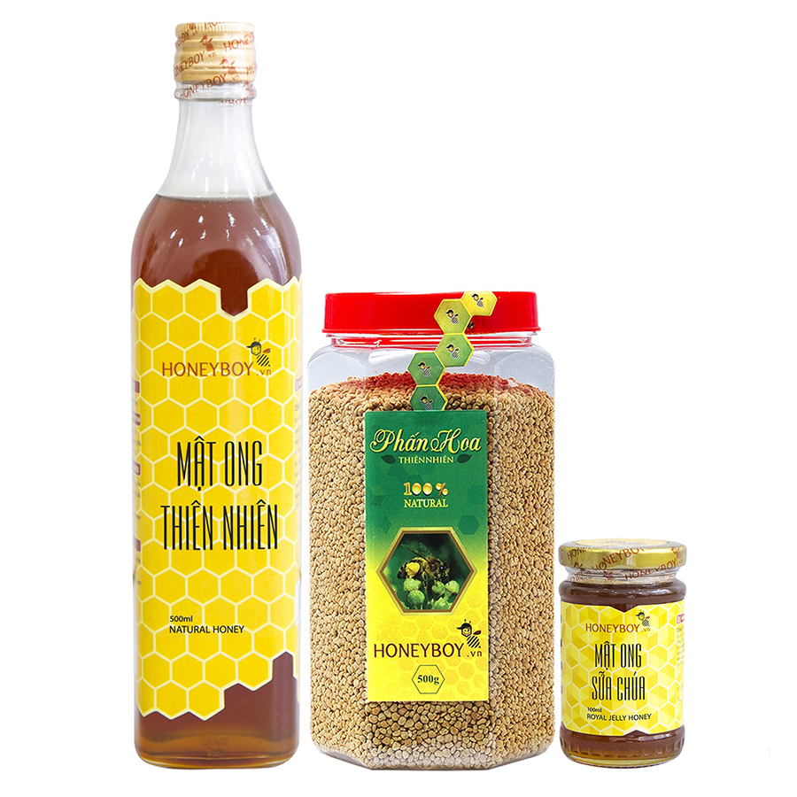 Combo Mật Ong Thiên Nhiên Honeyboy (500ml) + Phấn Hoa Thiên Nhiên Honeyboy (500g) - Tặng Mật Ong Sữa Chúa Honeyboy (100ml)