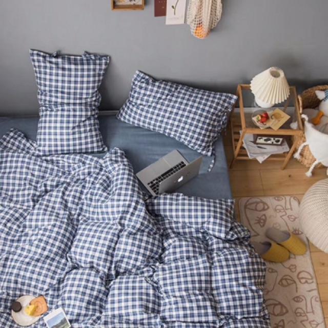 Set Cotton Living Hàng Nhập Khẩu Cao Cấp 4 Món Kẻ Xanh Dây Nơ