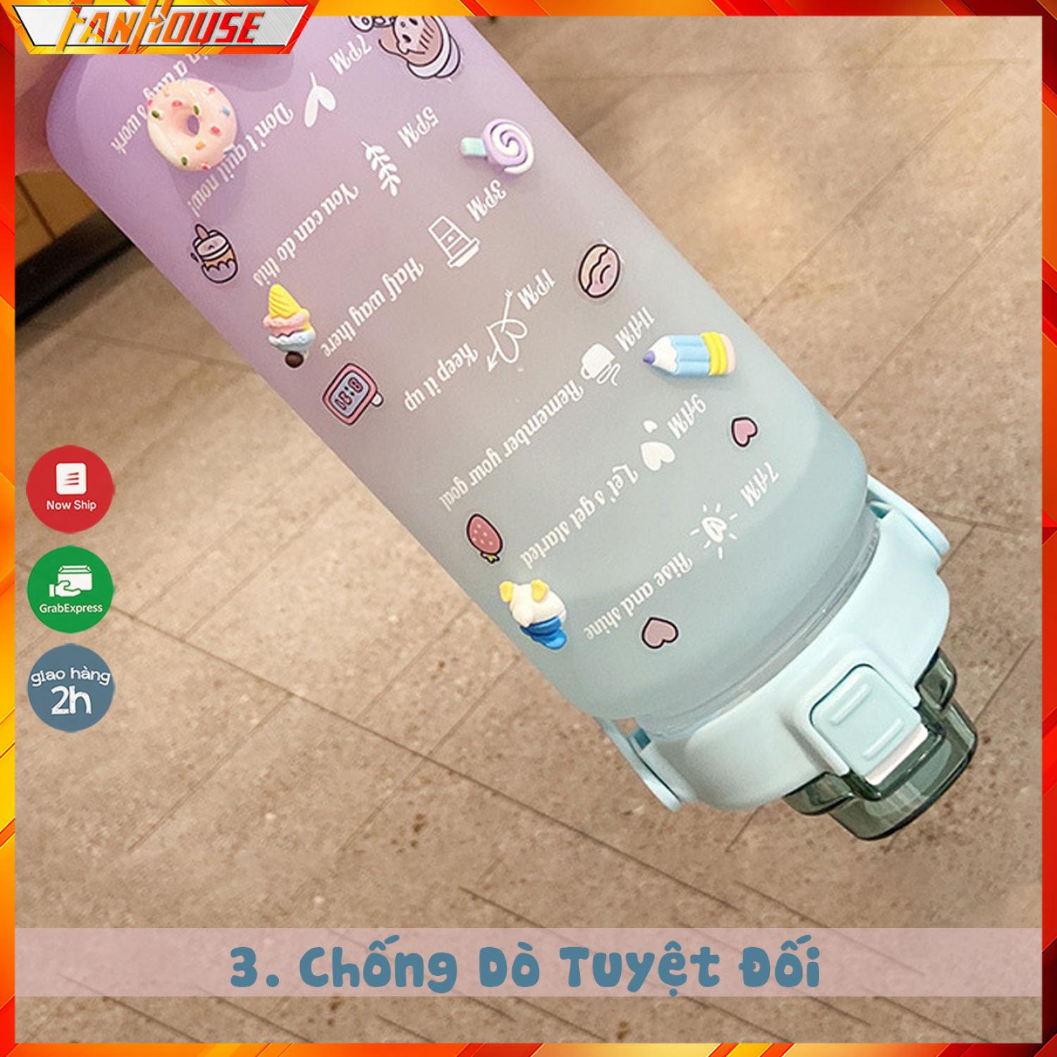 Bình đựng nước 2L dễ thương chia vạch báo giờ nhắc uống nước Fan House tặng Sticker bình nước 2lit có ống hút tiện lợi