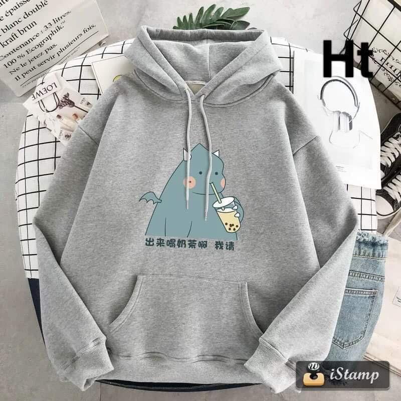 Áo hoodie khủng long hút trà sữa H26