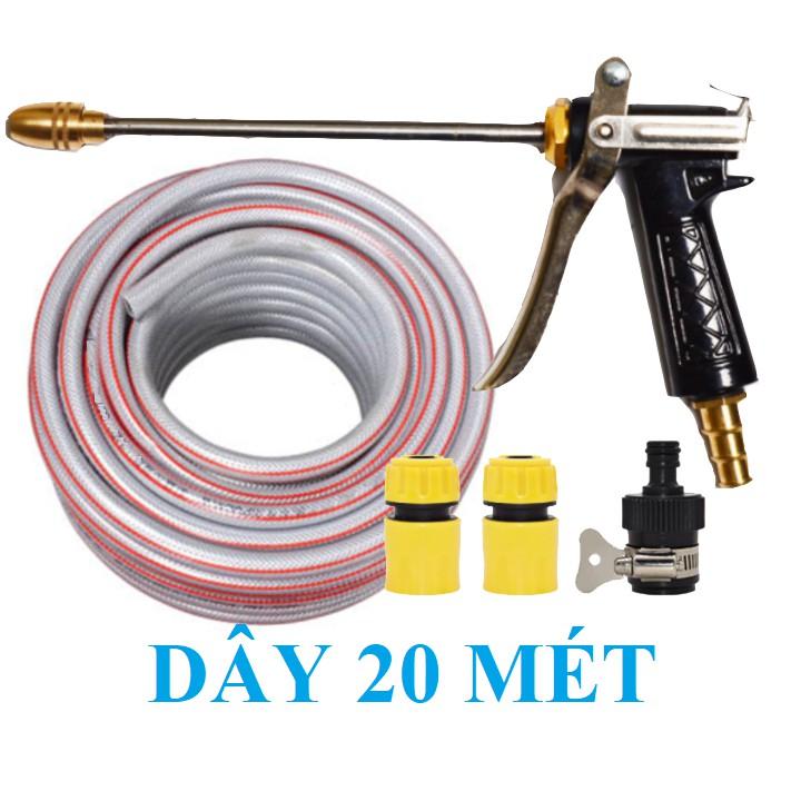 Bộ dây vòi xịt bơm nước tưới rửa , tăng áp 3 lần, loại 20m 206701-2 đầu đồng,cút,nối đen + mở chai