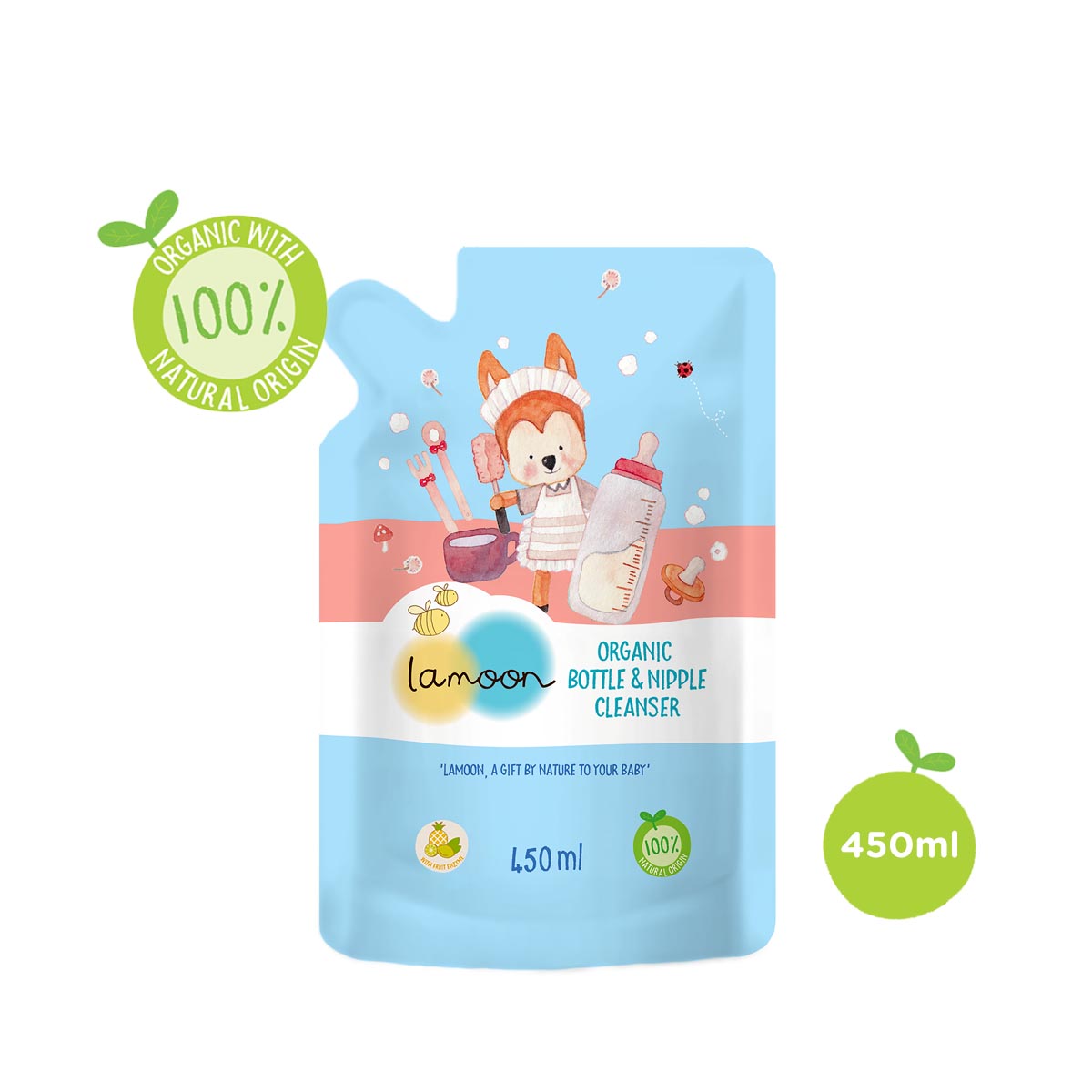Nước rửa bình sữa Organic cho bé Lamoon - Túi 450ml