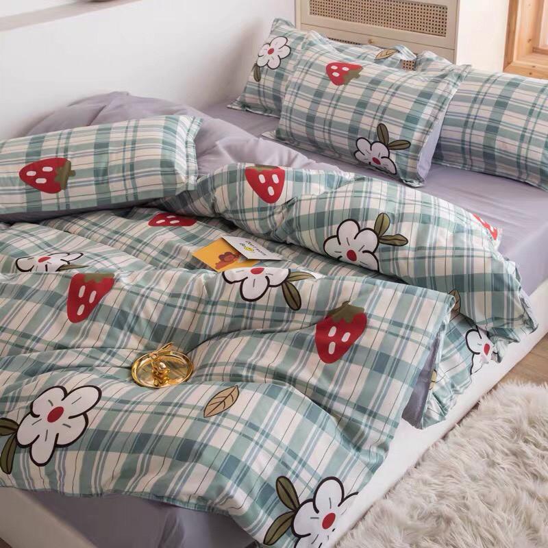 Bộ Chăn Ga Gối Cotton Poly M2T bedding chăn ga Hàn Quốc kẻ xước hoa đủ size miễn phí bo chun