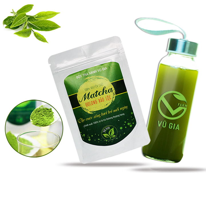 Matcha Olong Sấy Lạnh Nguyên Chất Vũ Gia + Tặng Chai Thủy Tinh Đựng Nước Ép Có Dây Treo 300ml