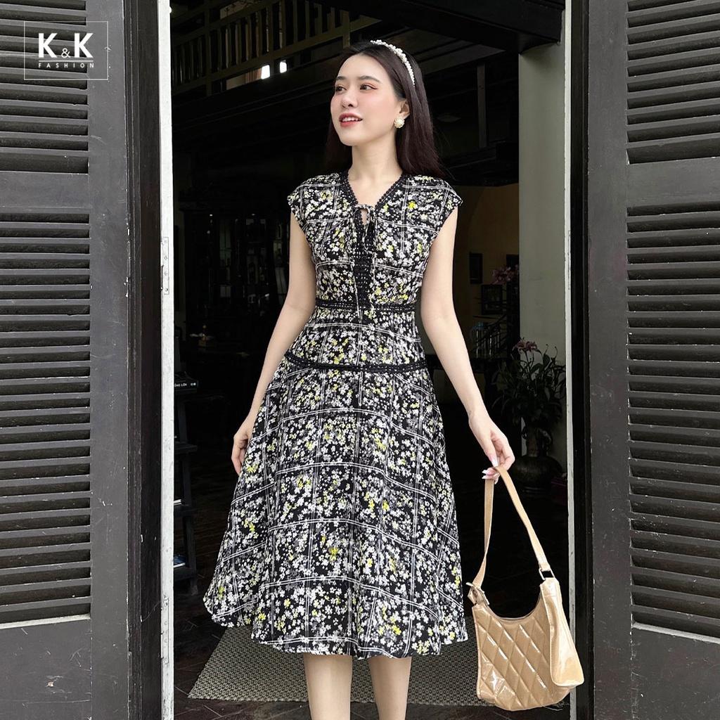 Đầm Xòe Hoa Nhí Phối Đăng Ten K&amp;K Fashion KK120-19 Chất Liệu Lụa Champa