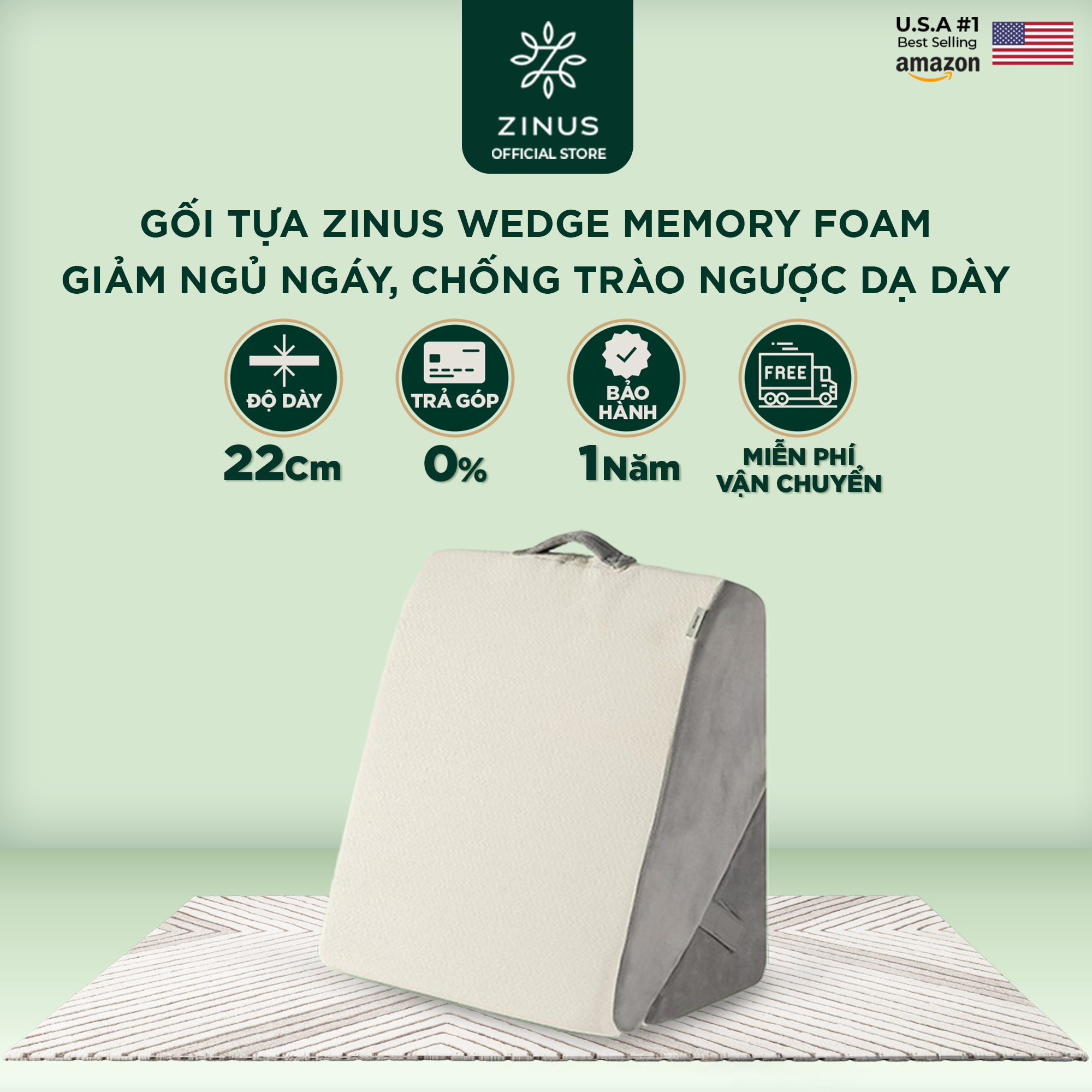 Gối Tựa Đa Năng Zinus Memory Foam, Giảm Ngáy Ngủ, Chống Trào Ngược Dạ Dày