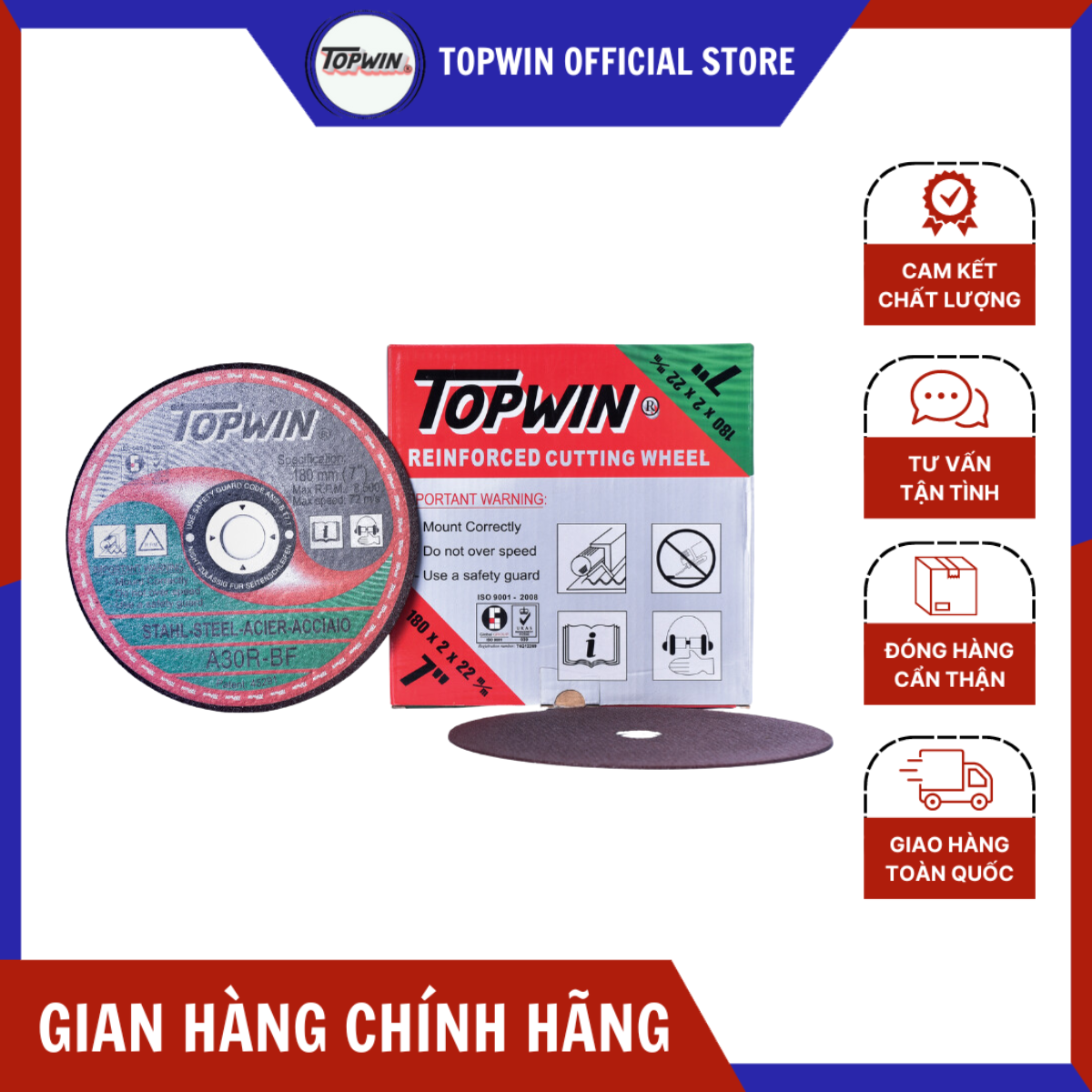(10 Viên) Đá Cắt Sắt TOPWIN 180x2x22mm Có Độ Sắc Cao Và Bền, Cắt Không Bụi, Ít Hao Mòn | Đá Cắt Đá Mài Việt VN