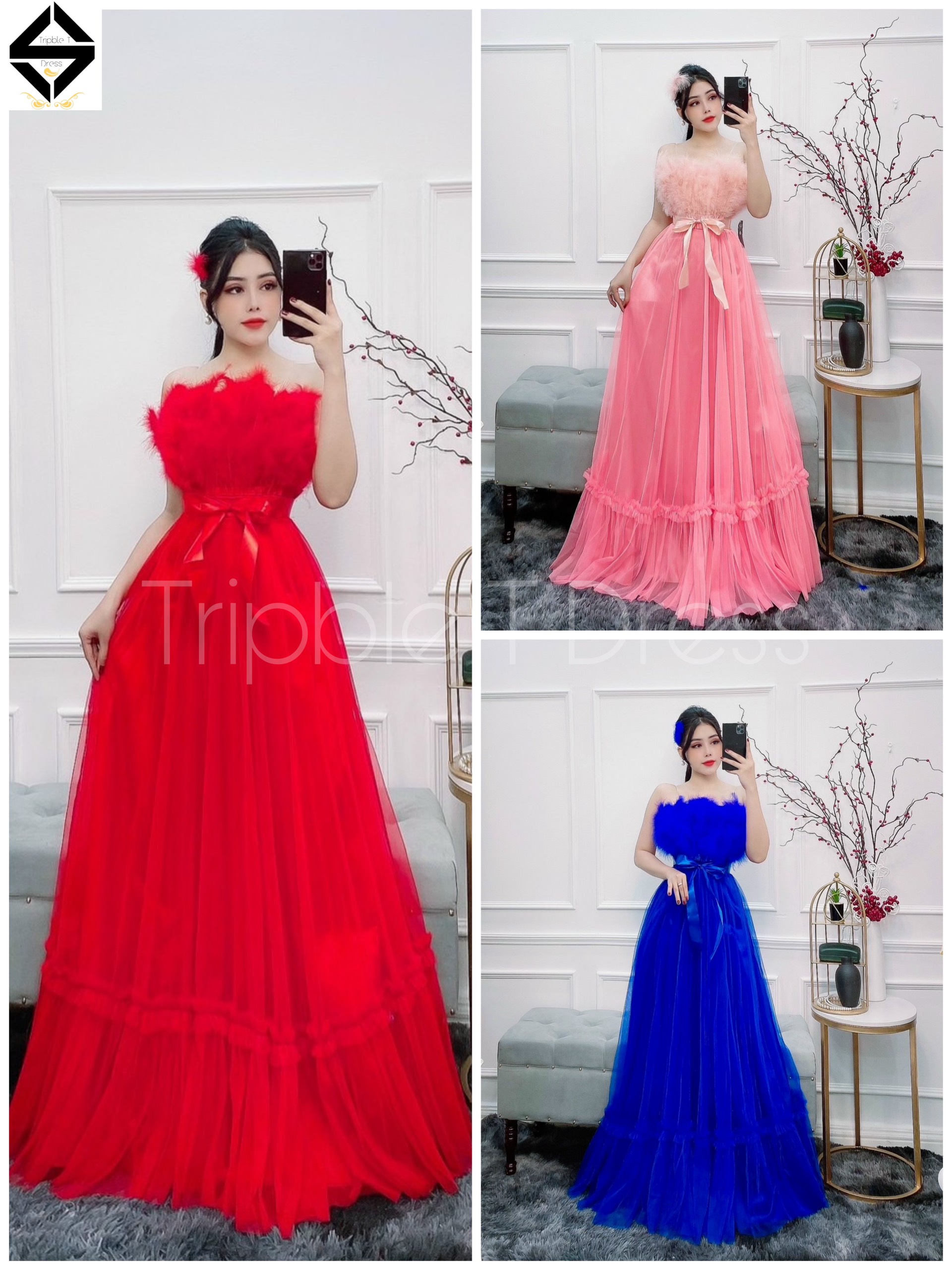 Đầm maxi dự tiệc lưới nhún lai phối lông ngỗng TRIPBLE T DRESS -size M/L - MS131Y