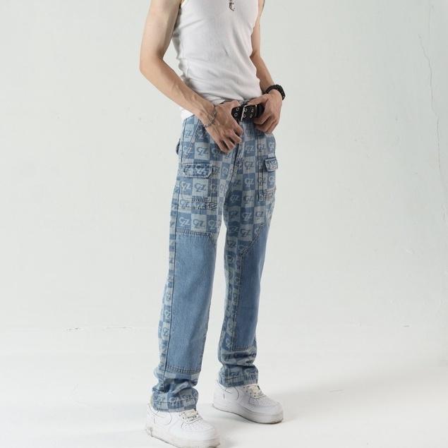 Quần jean Double Knee Caro Pants, ống suông vải bò unisex nam nữ xanh