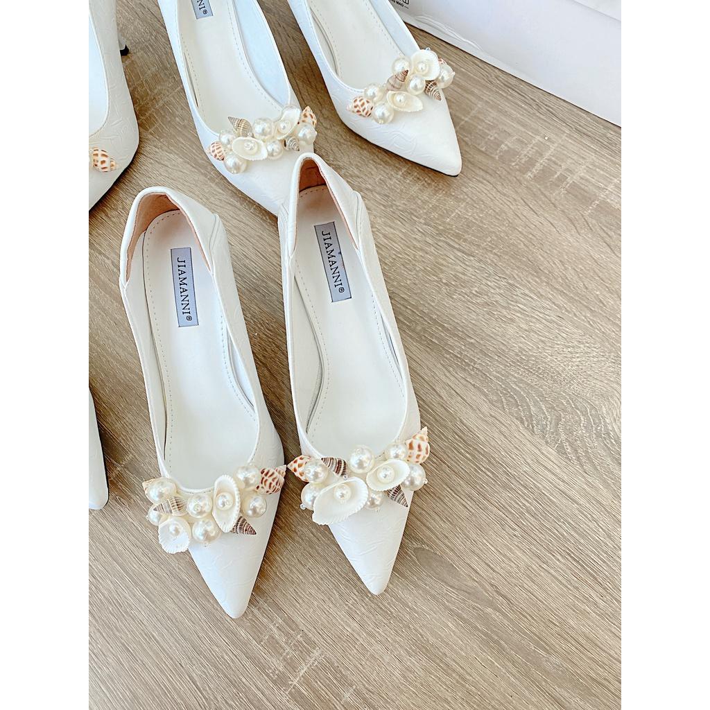 Giày nữ đính Đá mũi nhọn 7cm TRẮNG, sandal cao gót Cô dâu đi cưới,tiệc đều nổi bật dáng bít slingback