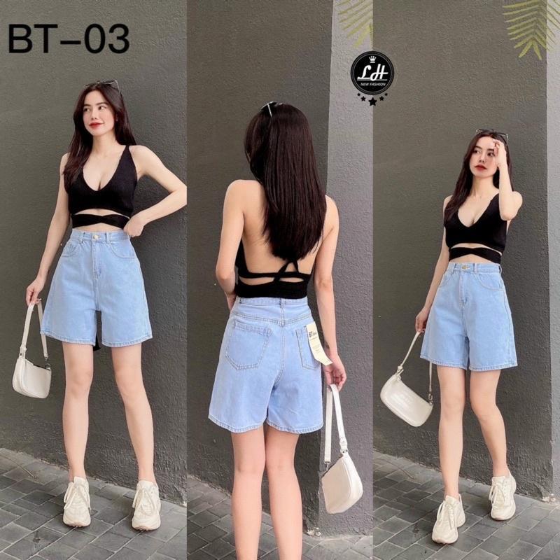 Quần ngố nữ ống rộng, quần short jean màu xanh lưng cao siêu dễ thương giá rẻ siêu hạt dẻ Lê Huy Fashion MS 03