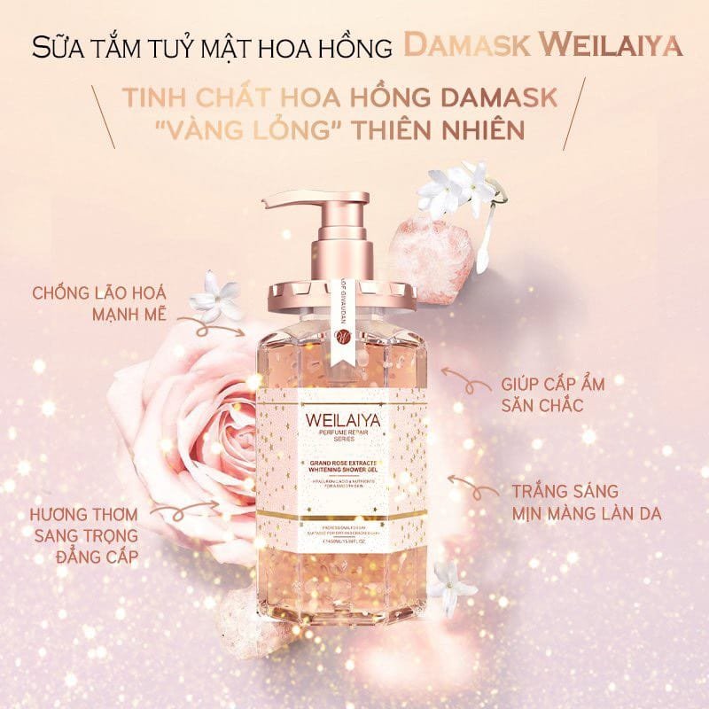 Combo 2 chai Sữa tắm trắng da cánh hoa hồng Damask Weilaiya Grand Rose Extracts Whitening Shower Gel 450ml tặng 1 Bông tắm Weilaiya