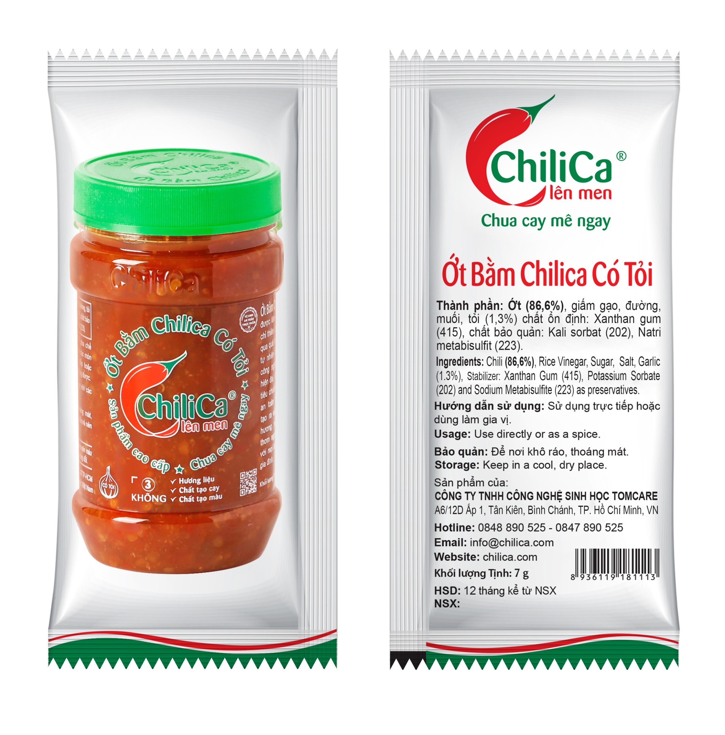 Ớt Bằm Chilica Có Tỏi 7g - Túi 50 gói, 7g/gói, Siêu tiện lợi cho du lịch, quán ăn, ăn vặt - Không phụ gia