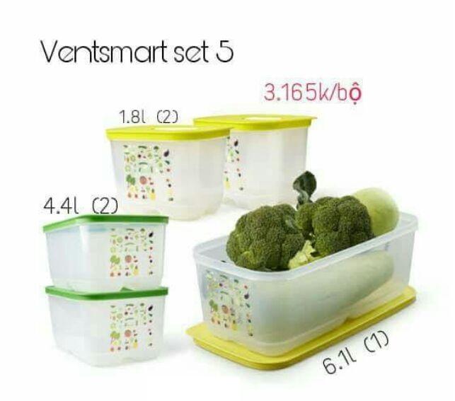 Bộ Hộp Trữ Mát Rau Củ Ventsmart 5 Tupperware, Hộp Có Nút Hô Hấp Giúp Trái Cây Tươi Lâu Hơn, Hộp Biết Thở