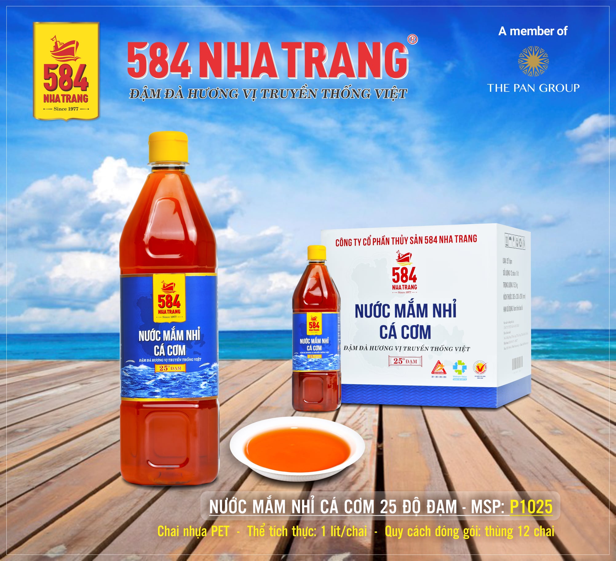 Thùng 12 chai Nước mắm Nhỉ 584 Nha Trang 25 độ đạm, Nước chấm Truyền Thống, Chai 1 Lít, Date luôn mới