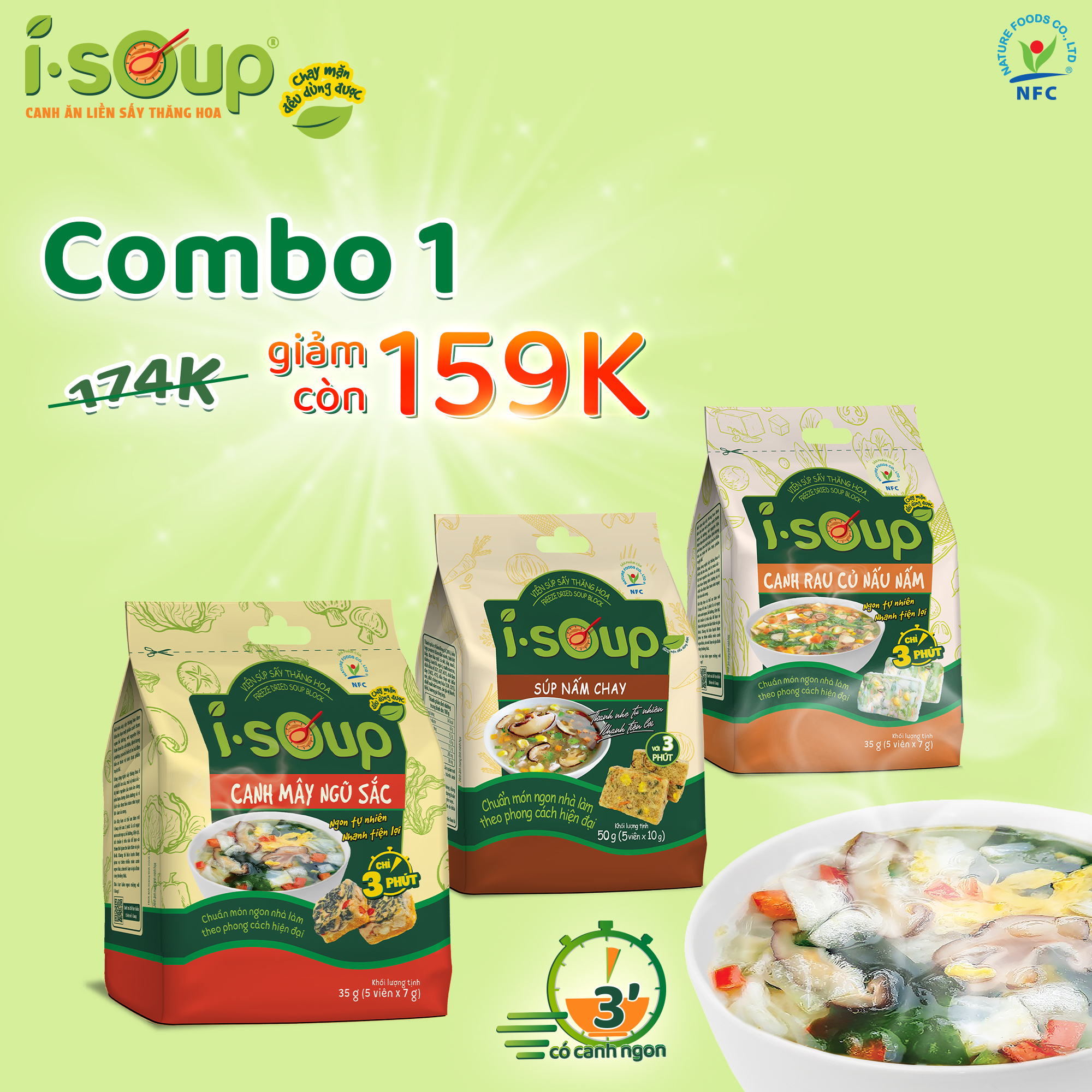Combo 3 Túi Canh Chay ISOUP (Mây+ Súp Nấm + Rau Củ) - Canh Ăn Liền Sấy Thăng Hoa