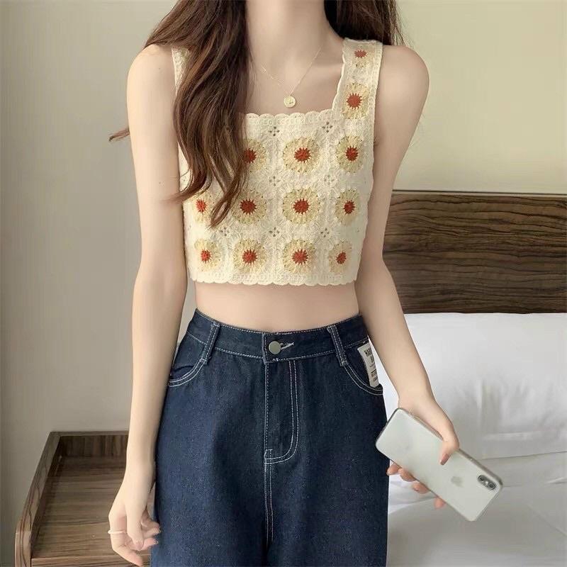 Áo 2 dây nữ len móc hoạ tiết hoa cúc croptop hàng QC