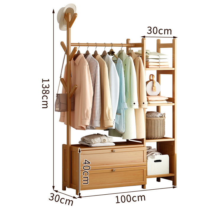 Tủ treo quần áo gỗ 3 ngăn thông minh, Giá treo đồ đa năng bằng gỗ tre cấp 138x100cm
