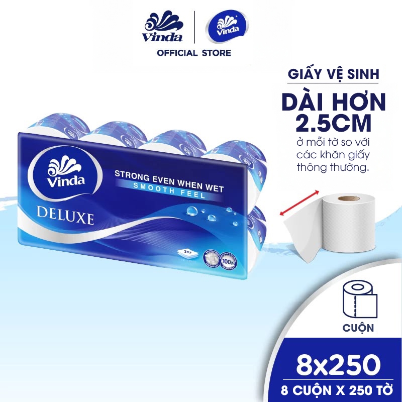 [MUA 1 LỐC GVS DELUXE TẶNG 1 CUỘN] Giấy vệ sinh cao cấp Vinda Deluxe 3 lớp (8 Cuộn)