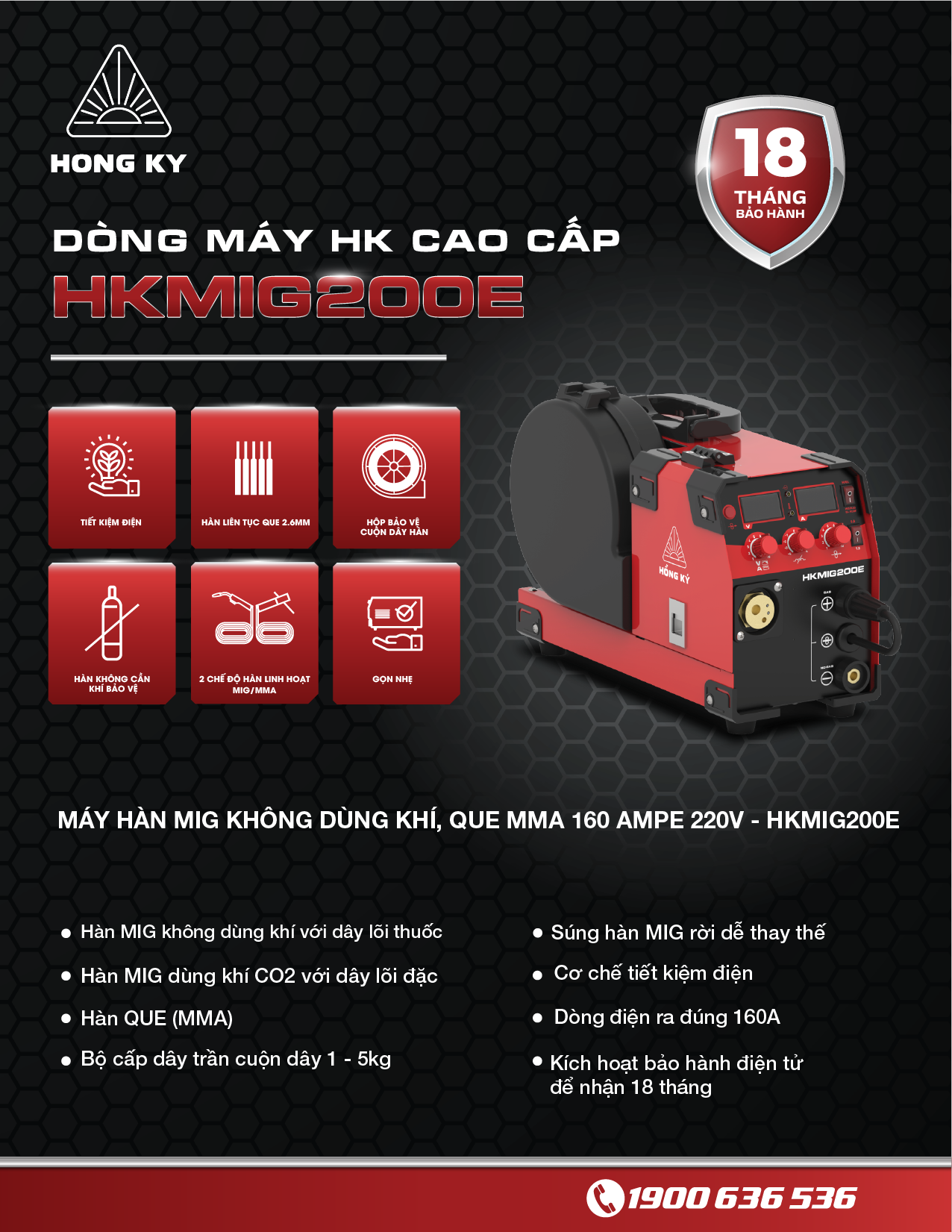 Máy hàn MIG không dùng khí, que MMA Hồng Ký Eco 160 Ampe 220V - HKMIG200E