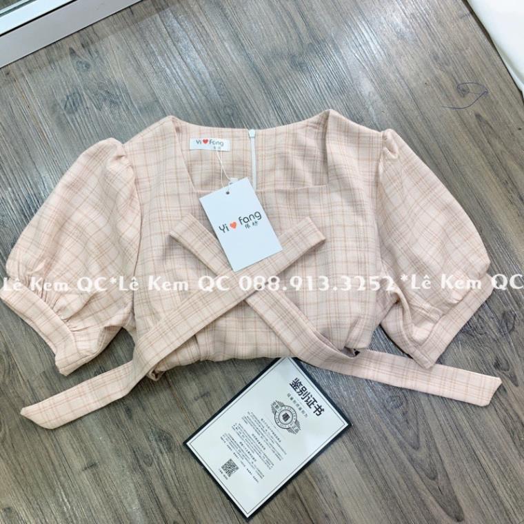Váy Kẻ Caro Váy Cổ Vuông Tay Bồng Vintage Có Thắt Eo ! *