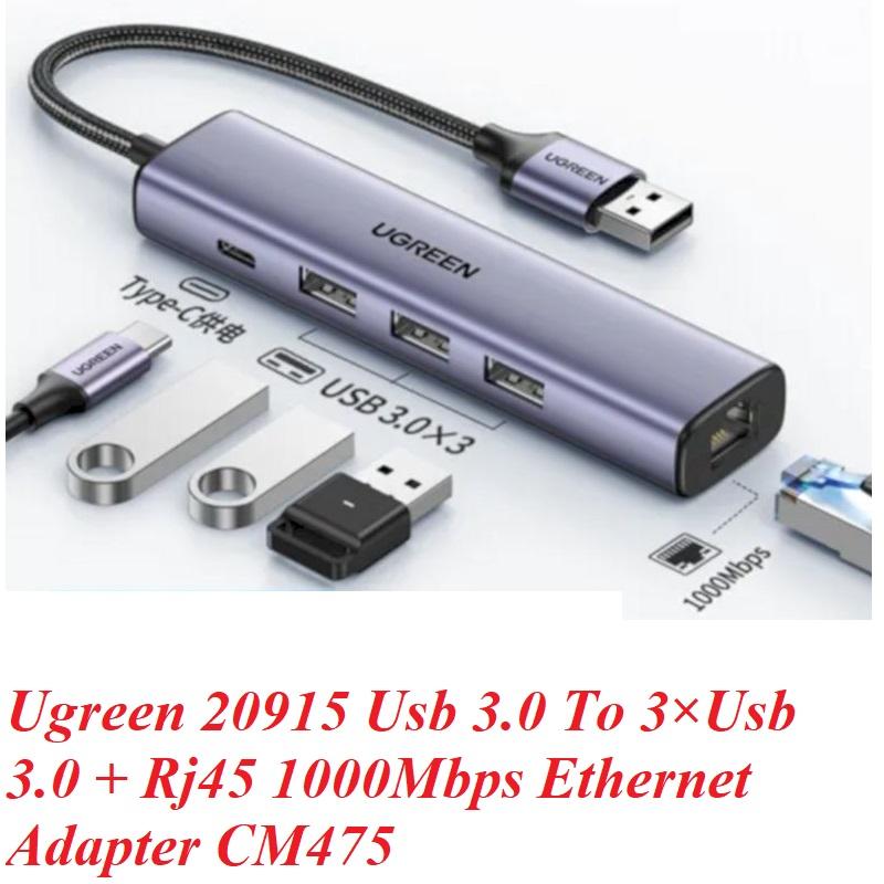 Ugreen UG20915CM475TK hub chia từ 1 cổng usb ra 3 cổng 3.0 + Rj45 1000Mbps gigabíts Ethernet - HÀNG CHÍNH HÃNG