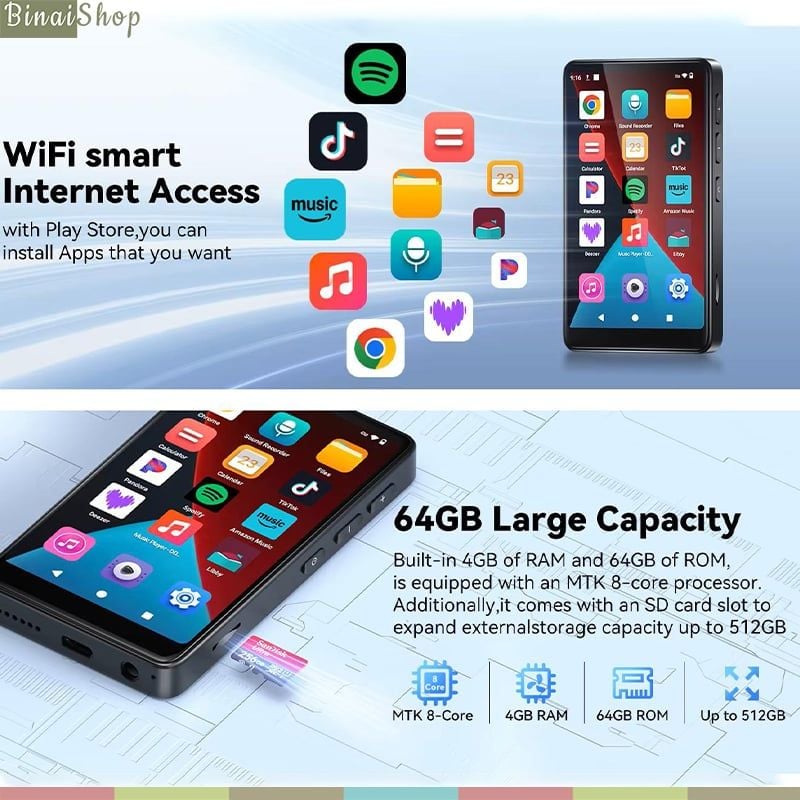 Ruizu D65 - Máy Nghe Nhạc HiFi Lossless Android 14, Ram 4GB+64GB, Hỗ Trợ Wifi - Bluetooth 5.0, Xem Video 1080P - Hàng chính hãng