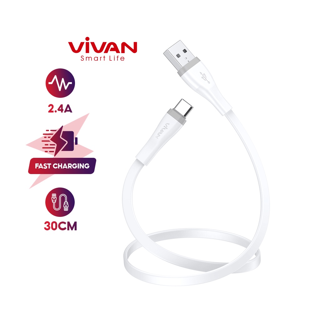 Cáp sạc nhanh USB Type-C VIVAN SC30S/SC200S Dây Dẹt 100cm/ - Hàng Chính Hãng