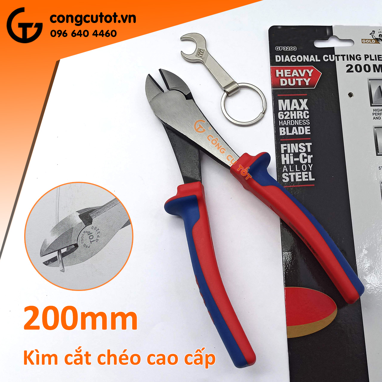 Kìm cắt chéo cao cấp 200mm lưỡi thép giàu Crôm tôi cao tần độ cứng HRC62