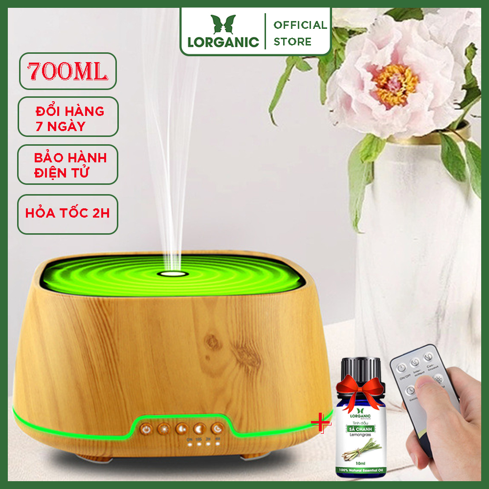 Máy khuếch tán/ máy xông tinh dầu Lorganic hình Trụ Vuông 700ml + tinh dầu sả chanh / Công nghệ hiện đại (tích hợp remote)/ Thích hợp xông phòng 15-40m2