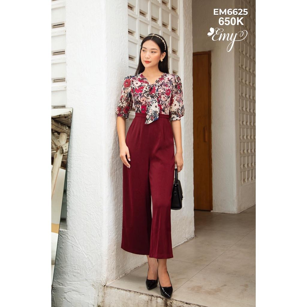 Jumpsuit EMY EM6625 Hoa Lá Phối Màu Phối Dây Cột Nơ