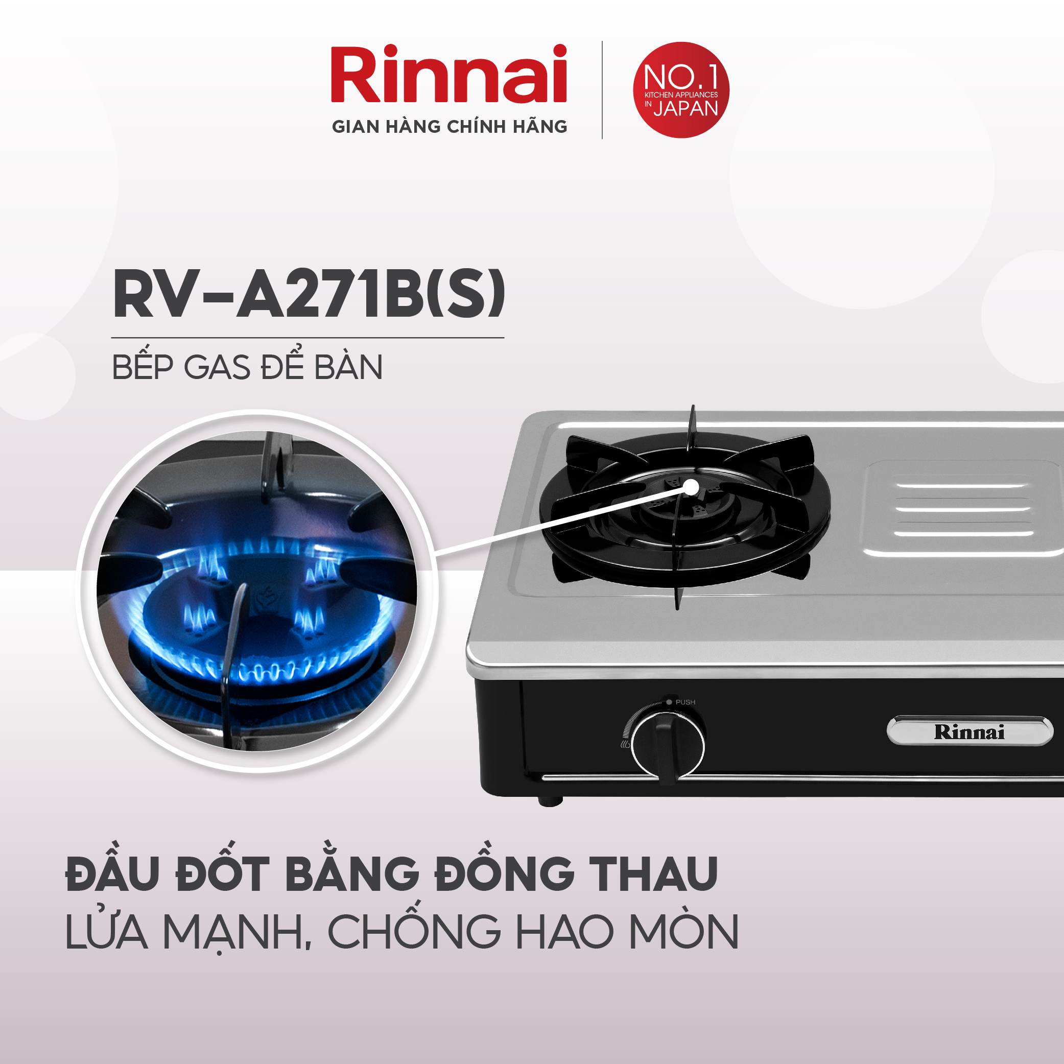 Bếp gas dương Rinnai RV-A271B mặt bếp inox và kiềng bếp men - Hàng chính hãng.