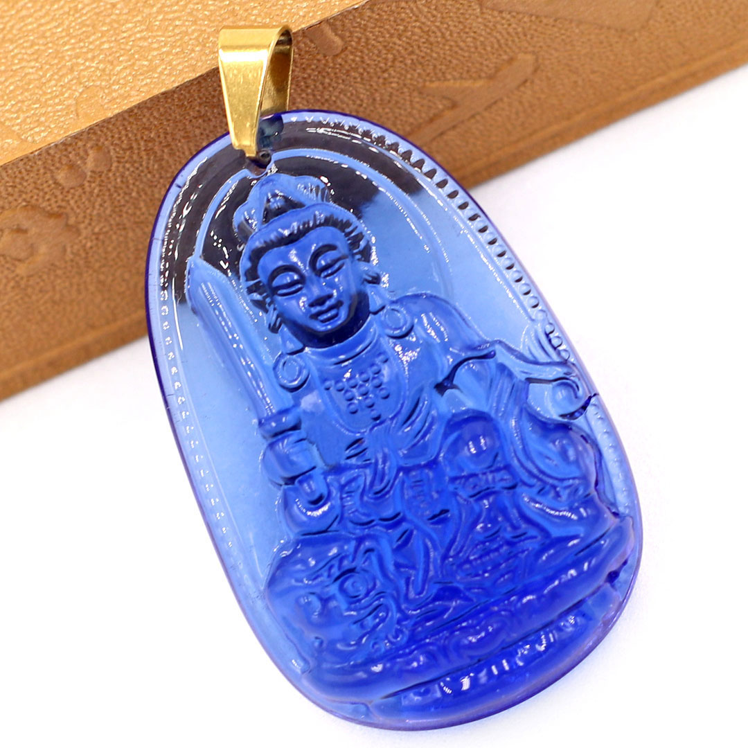 Mặt Phật Văn Thù Bồ Tát pha lê xanh 5cm