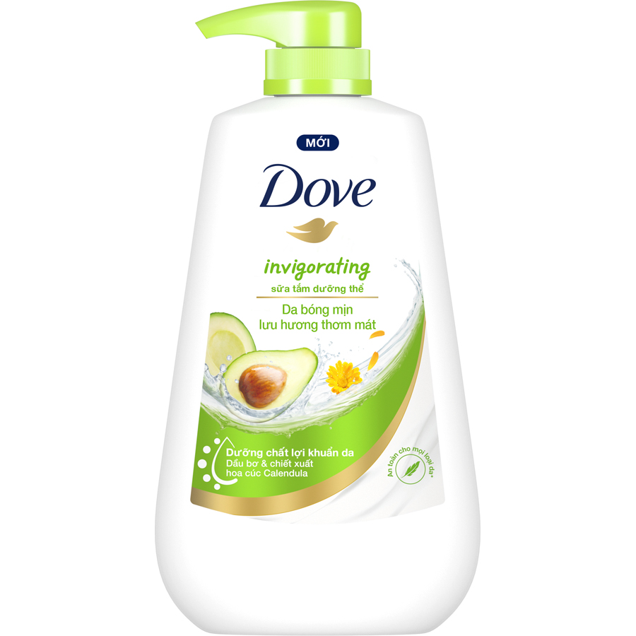 Sữa tắm dưỡng thể Dove Invigorating Da bóng mịn thơm mát với dầu bơ và hoa cúc Calendular 900g