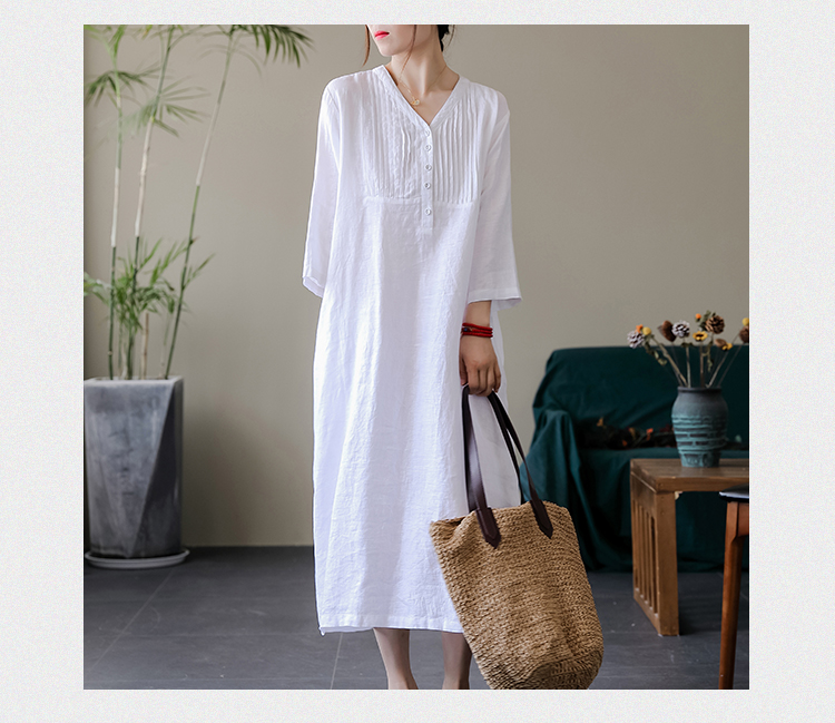 Đầm suông trung niên cao cấp dáng dài cổ V đóng cúc, Váy suông nữ tay lỡ chất liệu linen mềm mịn Đũi Việt