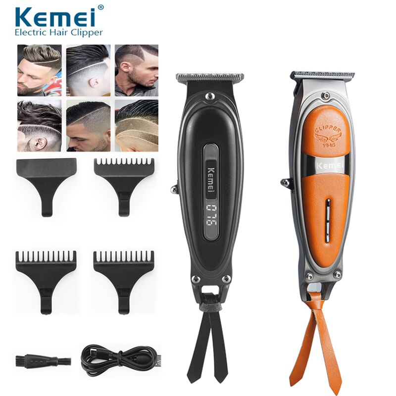 Tông đơ chấn viền, cắt tóc, tatto KEMEI KM-1946 màu cam vỏ bọc da kết hợp sạc USB