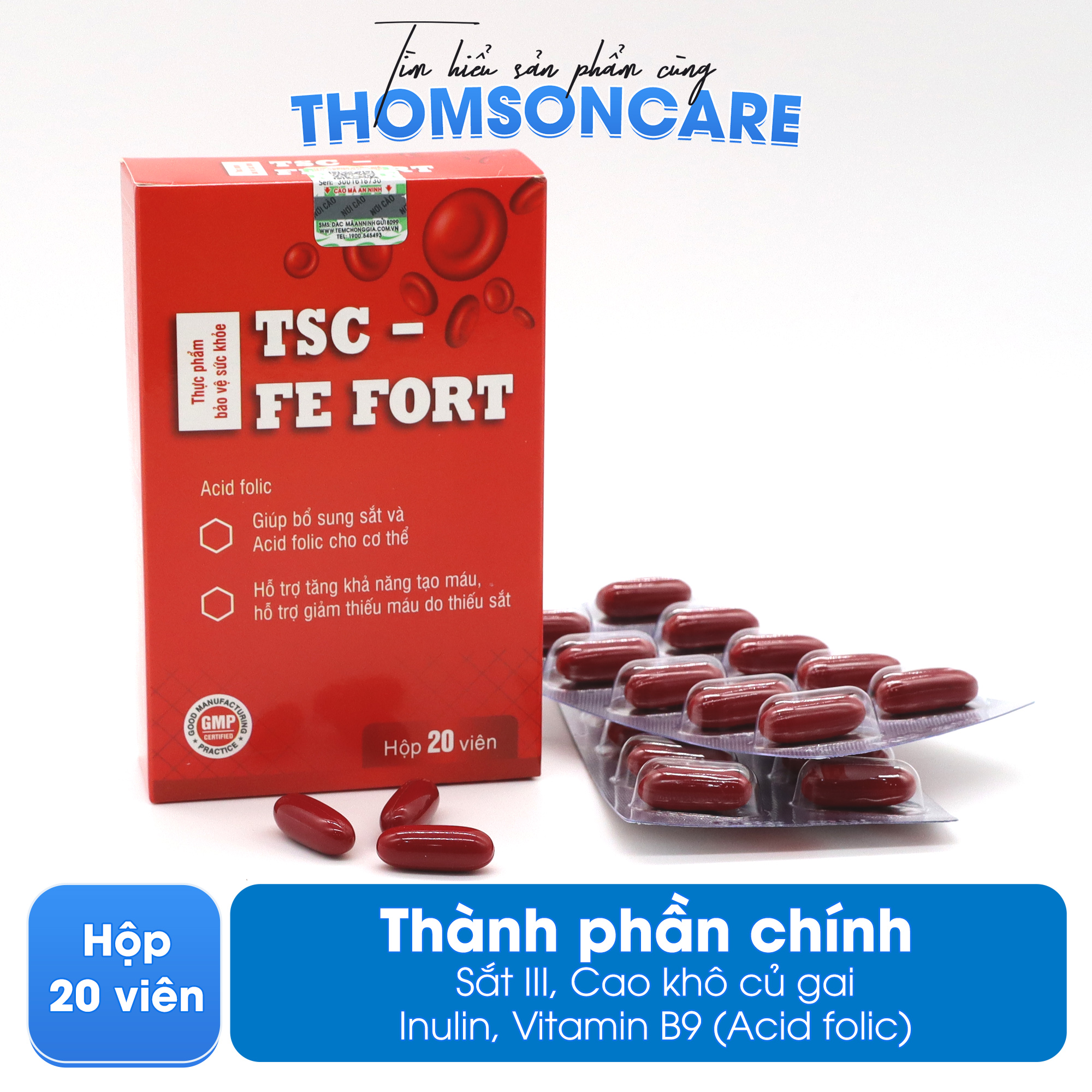 Viên sắt bổ máu cho bà bầu và sau sinh - TSC Fe Fort từ sắt hữu cơ dễ hấp thu và acid folic - Dùng cho cả người bị thiếu máu do thiếu sắt - Thomsoncare