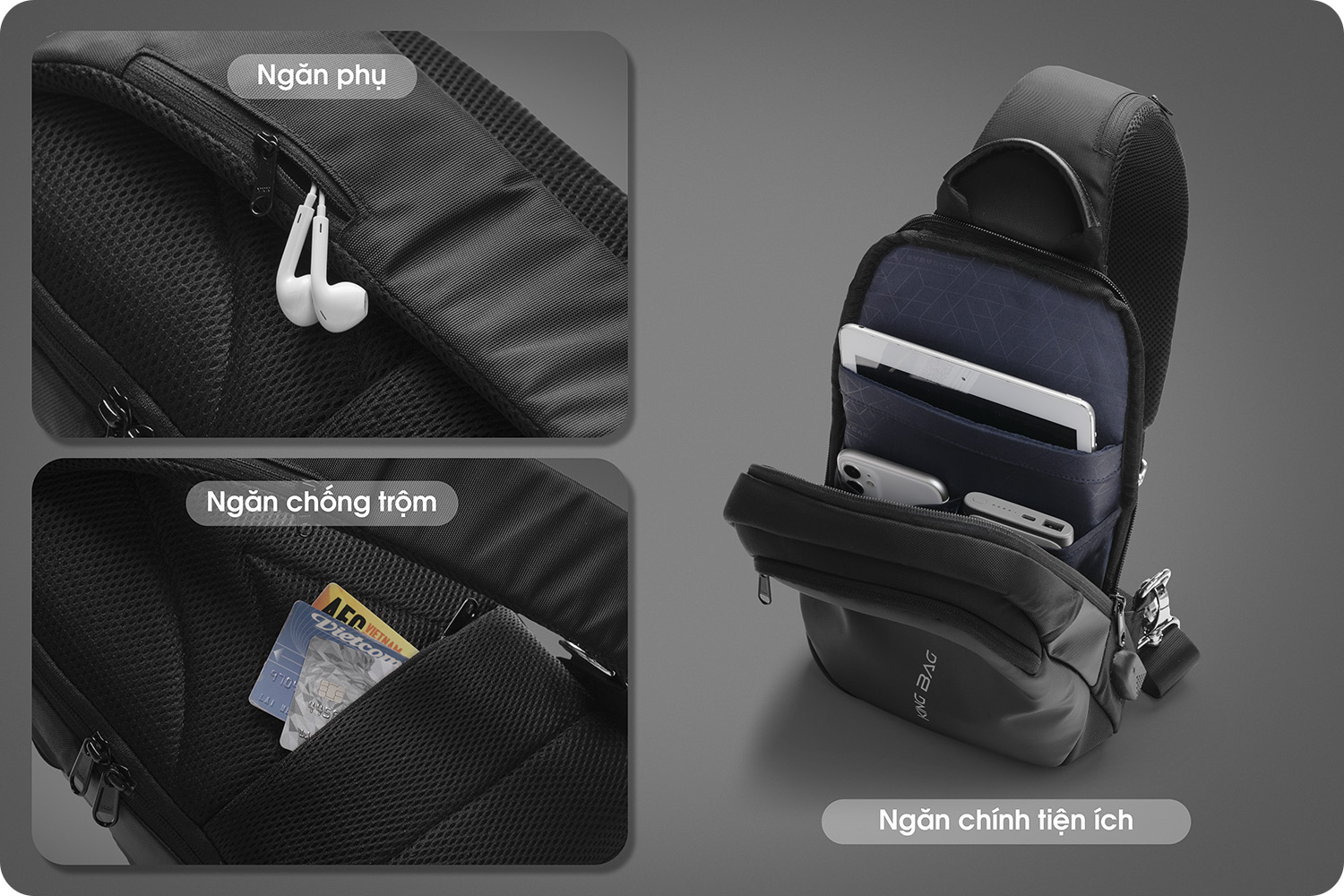 Túi đeo chéo thời trang KINGBAG JULIUS I cổng USB, nhiều ngăn, chống trộm, vải kháng nước tốt - Hàng chính hãng