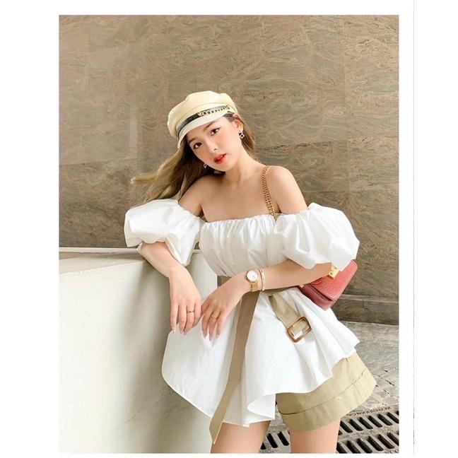 SET ÁO TRẮNG RỚT VAI TAY PHỒNG + SHORT XANH