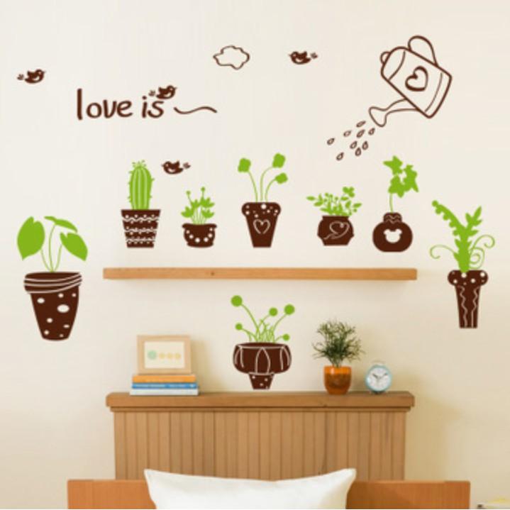 Decal trang trí tường - Nhiều chậu họa tiết trắng ( 2 màu trắng - đen tùy chọn)