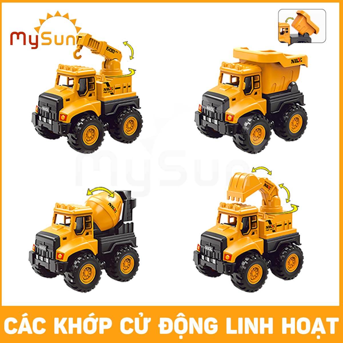 Bộ xe đồ chơi CÔNG TRÌNH cho bé trai mô hình Cần cẩu, Xe Ben, Xe Tải, Trộn bê tông – MySun