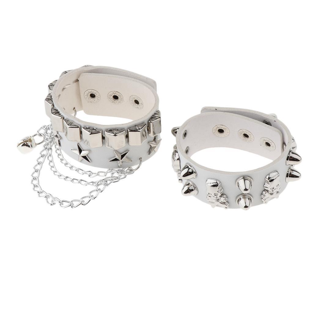 Layered Gothic  Bracelet Rivet Leather  Bangle Wristband White